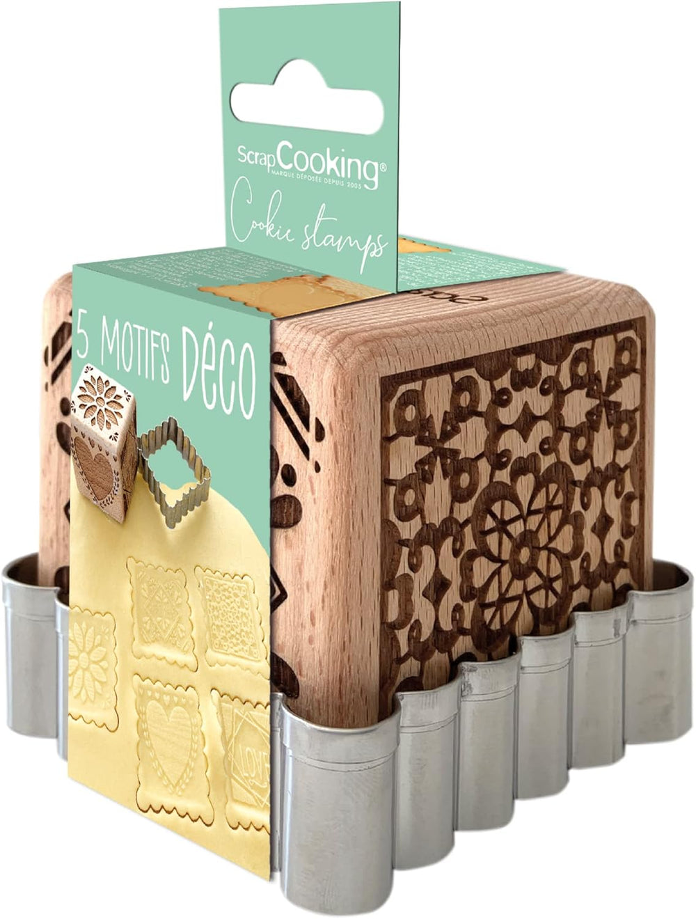 COOKING LEAVES 5139 Tampon décoratif en bois pour pâtisserie, maison avec 1 emporte-pièce, emporte-pièce et cube décoratif en relief sur 5 faces 5139