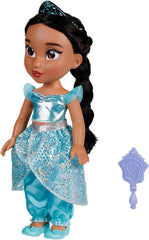 Disney Princess Jasmin Puppe 35cm, reflektierende Glitzeraugen, bewegliche Gelenke, ausziehbares Outfit, Schuhe, Krone, langes geflochtenes Haar, für Mädchen ab 3 Jahren