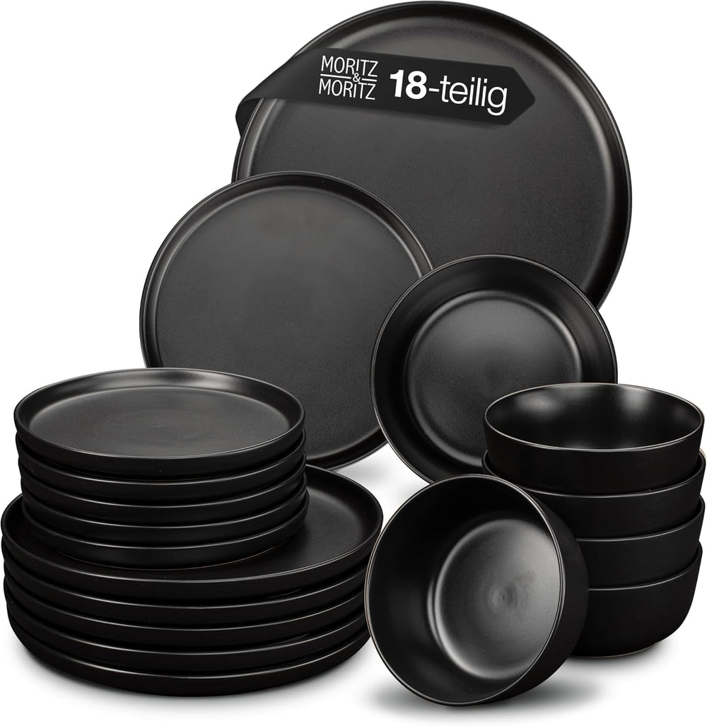 Set de veselă Moritz & Moritz NORDIC pentru 6 persoane - Set de veselă din gresie neagră cu 18 piese - Design scandinav - Set de farfurii robust pentru 6 persoane pentru uz zilnic și pentru oaspeți - Set de veselă combinat