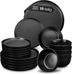 Set de veselă Moritz & Moritz NORDIC pentru 6 persoane - Set de veselă din gresie neagră cu 18 piese - Design scandinav - Set de farfurii robust pentru 6 persoane pentru uz zilnic și pentru oaspeți - Set de veselă combinat