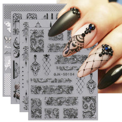 JMEOWIO Autocollants pour ongles 3D Noir Blanc Fleurs Nail Art Autocollants Autocollants pour ongles 5D Stéréoscopiques Fleurs Décoration Nageldesign Zubehör 4 Blatt