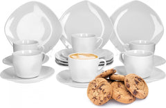 Van Well Lilli Service à café pour 12 personnes, 36 pièces carrées en porcelaine blanche avec bords incurvés pour une table basse parfaitement disposée – Passe au lave-vaisselle