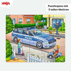 HABA Puzzle Pompiers - Ensemble de 3 pièces pour enfants à partir de 3 ans Puzzle en carton Police et Ambulance - Favorise la motricité fine et la concentration - 1302759001 Puzzle Naty Shop