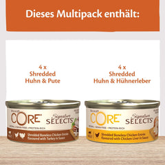 Wellness CORE Signature Selects 8 x 79g, Mélange Poulet et Dinde - Nourriture humide pour chat, délicieuses lanières en sauce, sans céréales, naturelle, hypoallergénique, riche en protéines, riche en viande