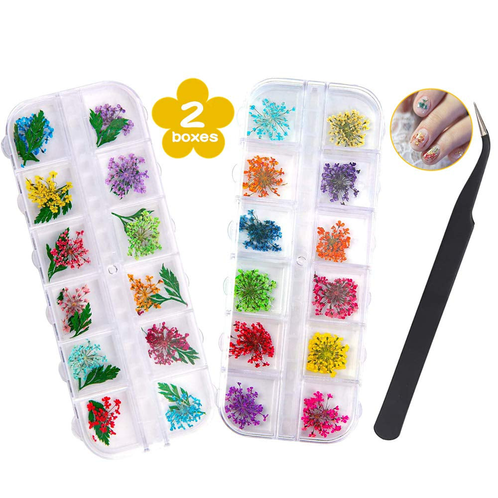 Getrocknete Blüten Nail Sticker, 2 Box 36 Stücke 3D Nail Art Kunstharz Blumen Sticker, Blüten Getrocknet Nagelkunst Trocken Blumen Nagel Zubehör Für Nagel Dekor DIY Design Mit 1 Gebogener Pinzette