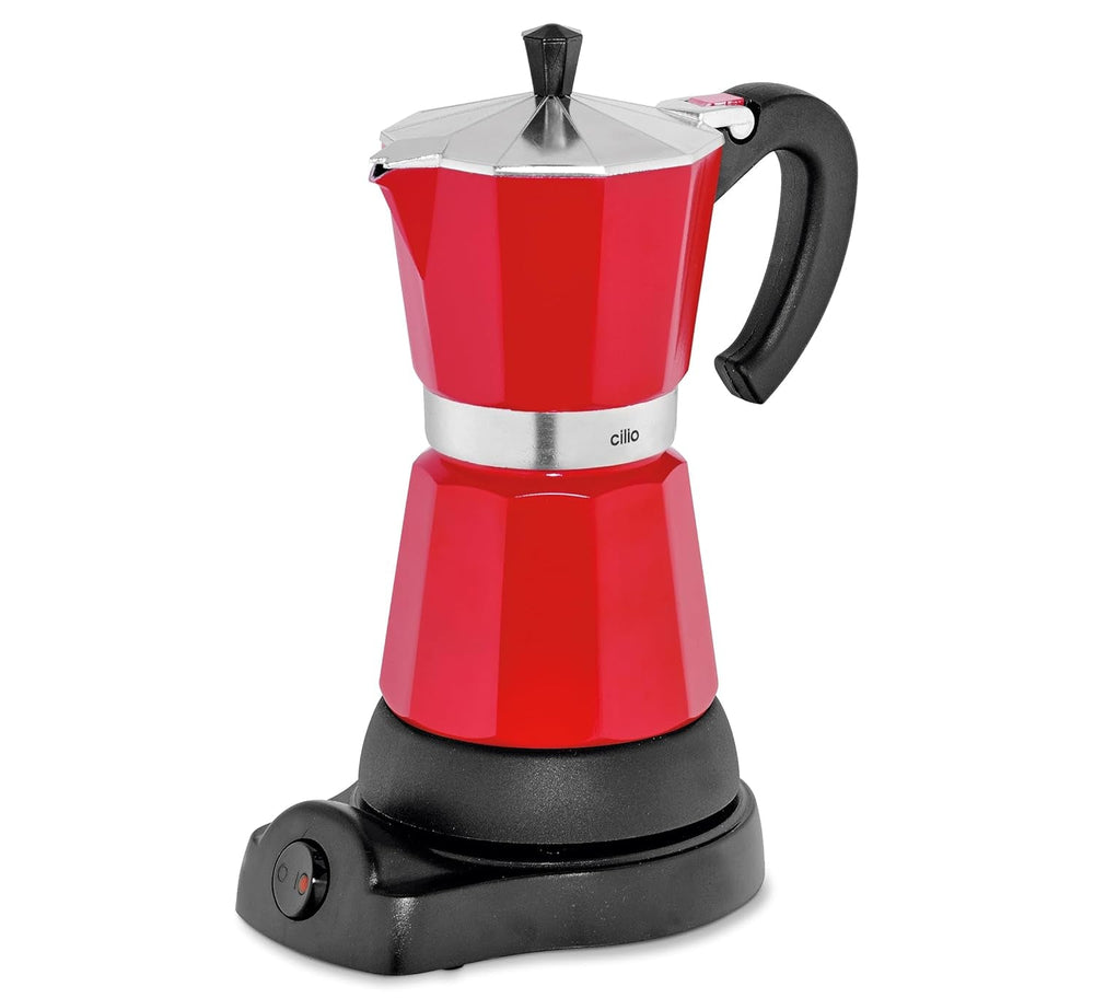 Machine à expresso Cilio Classico pour 6 tasses | électrique 480W | Ø 11,5 cm Hauteur : 25 cm | aluminium | rouge | table de cuisson intégrée | avec fonction de rétention de chaleur et filtre réducteur | pour voyager ou camper