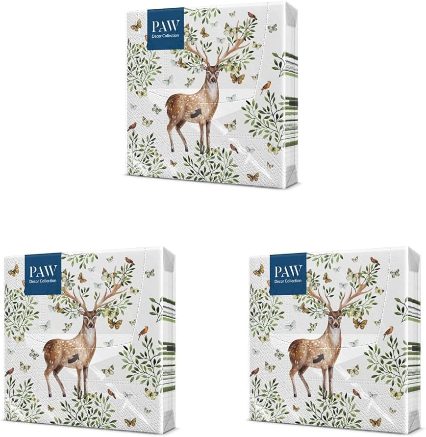 PAW - Serviettes 3 épaisseurs (33 x 33 cm) I 20 pièces I Parfaites pour les anniversaires d'enfants, les fêtes, les communions et les vacances I Serviettes en papier à motif de fête colorées I Animaux, Joie, Fête - Bois