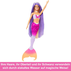 Poupée Sirène BARBIE - Inspirée de la série télévisée "Barbie : Hidden Magic" avec effet de changement de couleur et accessoires, cheveux roses de 19 cm de long à coiffer, pour les enfants à partir de 3 ans, HRP97