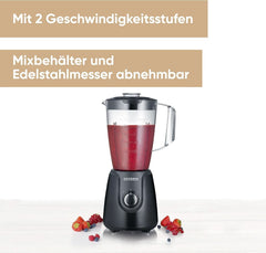 SEVERIN Batteur sur socle avec 1,5 L Mixbehälter Aus Tritan, Mixer Mit 2 Stufen Und Pulse-Funktion, Leistungsstarker Küchenmixer Mit Edelstahlmesser, 600 W, Schwarz, SM 3707 Kitchen Naty Shop