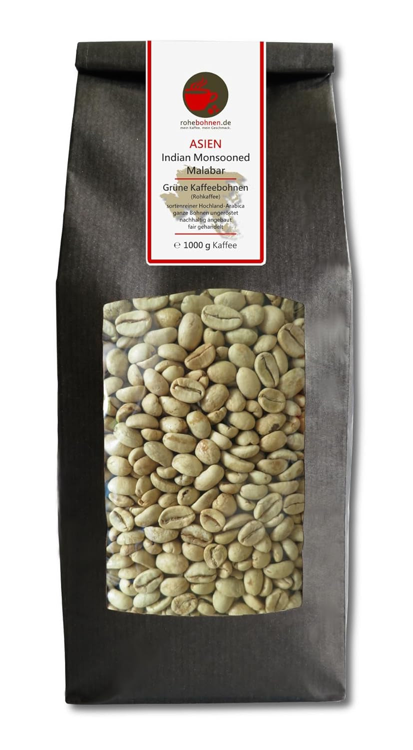 Café cru - Café vert Malabar Monsooned d'Inde (1000g de grains de café vert) - Certifié GMP