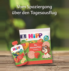 HiPP Vafe Organice din Porumb cu Căpșuni (8 x 23 g), gustare pentru bebeluși de la 8 luni, îndulcită doar cu fructe și legume, fără gluten, de cea mai bună calitate organică