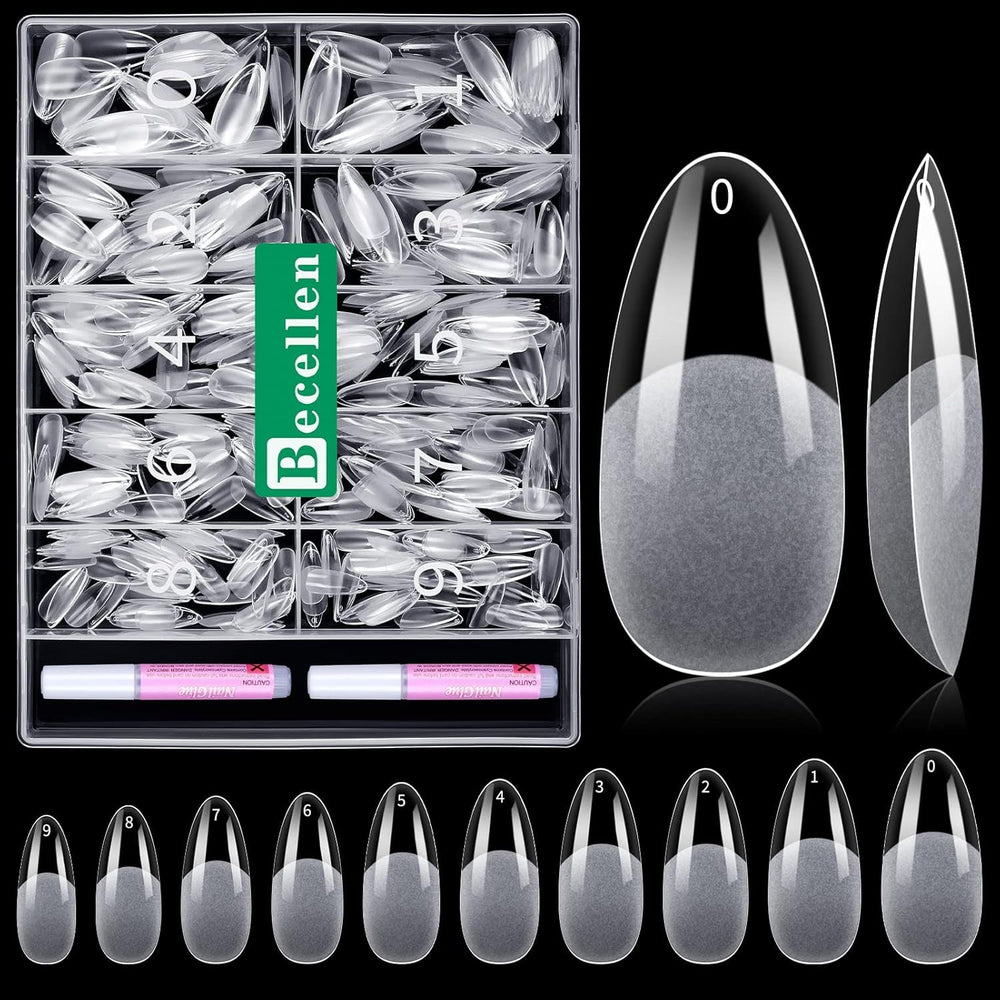 Becellen 500pcs Conseils d'ongles artificiels, Conseils d'ongles en gel souple, Couverture complète, Conseils d'ongles en gel, Ongles artificiels pré-polis, Ensemble de colle DIY Nail Art (Amandes)