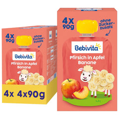 Pliculețe stoarcibile cu piersici, măr și banane – 16 bucăți (pachet de 4, 4 x 90 g fiecare), fără zahăr adăugat, fără gluten, ideale pentru gustări la pachet și pentru consumul independent