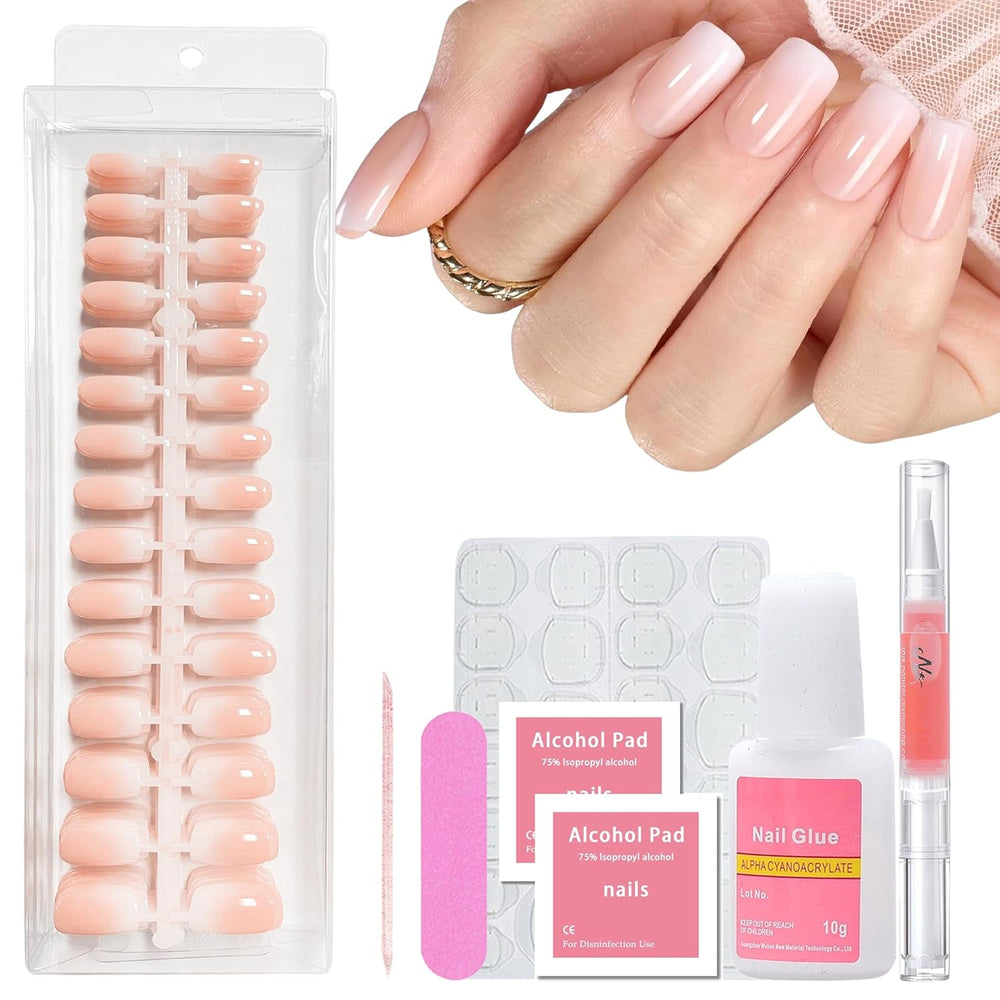 Ensemble d'ongles carrés dégradés de 240 pièces, ongles artificiels dégradés de blanc nu pour colle à stylo à huile, faux ongles naturels ombrés moyens pour femmes à faire soi-même (carré nu)