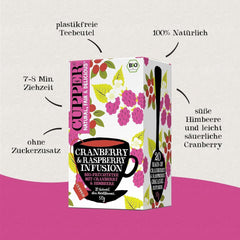 Cupper Ceai de fructe organic Cranberry Rasperry, 20 pliculețe de ceai nealbite, ecologic, comerț echitabil