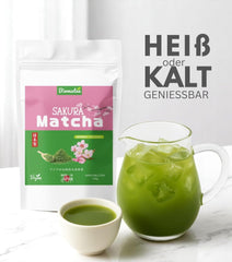 Pudră Matcha aromatizată – piersică japoneză, sakura sau mango – îndulcită – 100 g – solubilă instantaneu în apă sau lapte (Sakura)