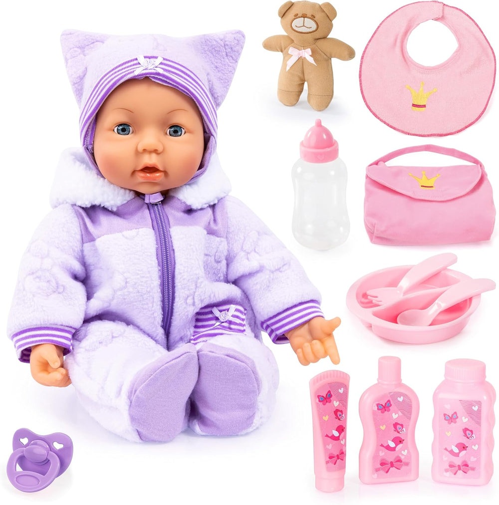 Bayer Design 94694AG 94694AA, poupée fonctionnelle, poupée interactive Piccolina Magic Eyes, bouge la bouche, cligne et ferme les yeux, parle, violet, 46 cm