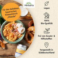 Herbaria Obazd is! bio 90g M-Dose – Bio-Gewürzmischung bayerischen Biergartenklassiker Obazda – für Brotaufstriche, Käsegerichte, Käsefondue – Raclette Gewürz - in nachhaltiger Aromaschutz-Dose