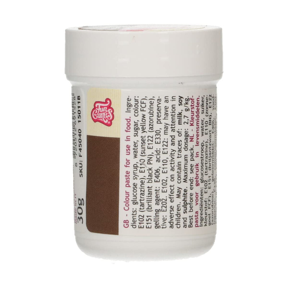 Colorant Alimentaire Concentré Funcakes Pâte Colorant Marron Foncé; Colorant alimentaire concentré pour pâte, crème, fondant, massepain, pâte à modeler et pâte à fleurs. Halal et casher. 30g