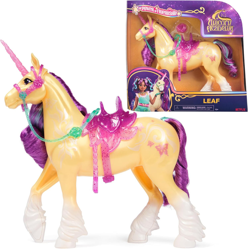 Unicorn Leaf Unicorn Academy - Licorne Ava originale de 28 cm de haut de la série Netflix avec une vraie crinière et une vraie queue, une bride, une selle et une brosse amovibles, pour les enfants à partir de 4 ans