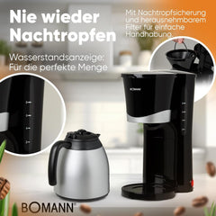 Cafetieră Bomann® cu termos | pentru 8-10 cești de cafea | fără pierderi de temperatură | cafetieră cu filtru | 1 litru | Espressor | Cafetieră cu filtru cu termos | KA 168 negru