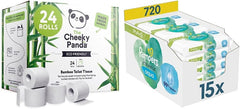Cheeky Panda Rouleaux de papier toilette en bambou et boîte de lingettes humides Pampers Harmony Aqua Baby, 720 lingettes (15 x 48), protection douce de la peau avec 99 % d'eau