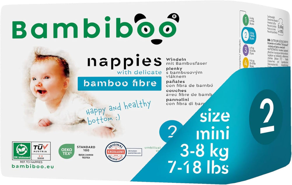 Scutece mini de unică folosință Bambiboo, prietenoase cu pielea, cu fibră moale de bambus și deschidere ombilicală - Scutece pentru nou-născuți - Scutece de unică folosință pentru nou-născuți - Protecție a pielii - Mărimea 2, 25 bucăți