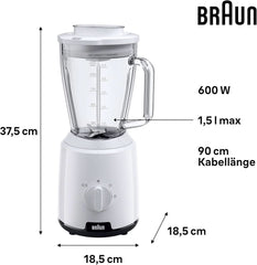 Braun Powerblend 1 JB1050WH - Batteur sur socle avec 1,5 L de bols de mixage en verre, accessoires de cuisine pour mélanger, purifier et mélanger, fonction glace pilée, 2 vitesses de cuisson, 600 watts, blanc cuisine Naty Shop