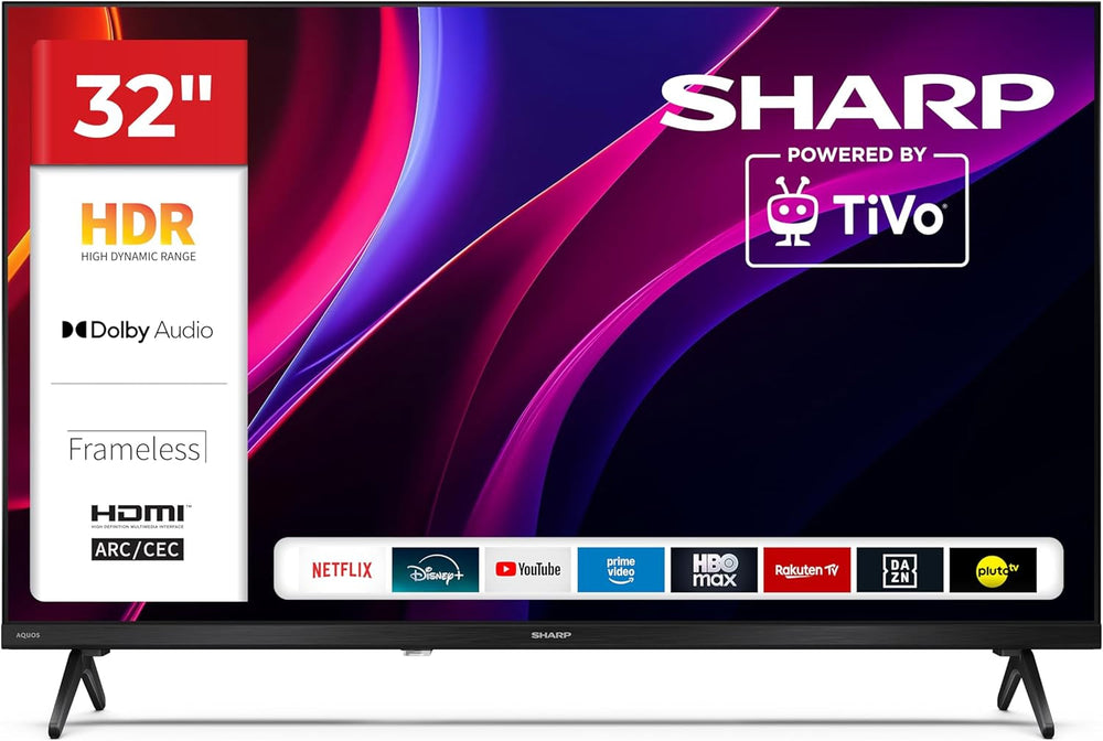 SHARP 32HE2345E – Téléviseur TiVo, 32" HD, sans cadre, 60 Hz, HDR10, son 2x8 W, 3x HDMI, 2x USB, couleur : noir