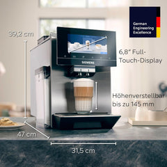 SIEMENS EQ900 TQ905D03 machine à expresso entièrement automatique, contrôle par application, écran tactile complet, mode barista, réduction du bruit, jusqu'à 10 profils, broyeur premium, nettoyage vapeur automatique, 1500 W, acier inoxydable