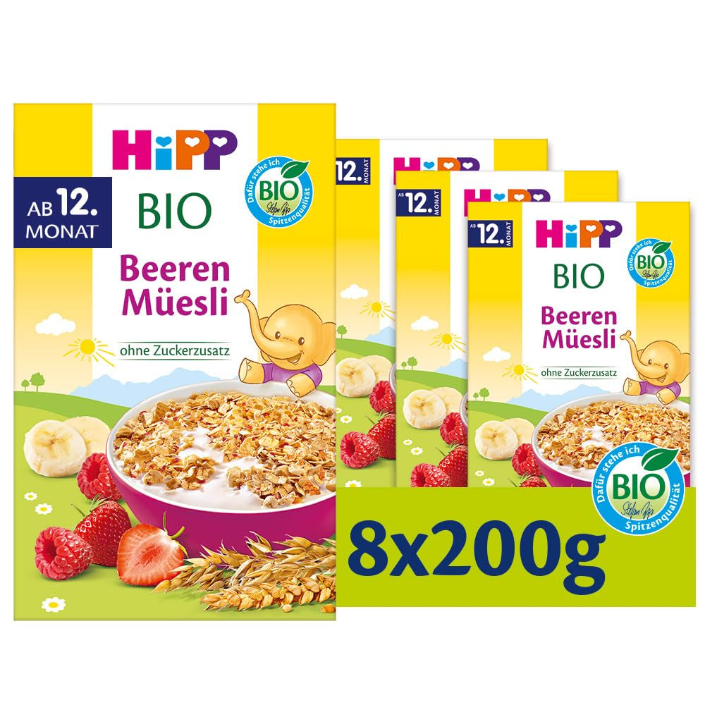 HiPP Bio Beeren-Müesli (8 x 200g), ab 12. Monat, sans Zuckerzusatz, besonders fine Stückchen - leicht zu chewen, in best Bio-Qualität