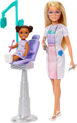Poupée Barbie Dentiste, poupée mannequin aux cheveux blonds, robe bleue et blouse de laboratoire, 1 poupée enfant, accessoires d'examen et accessoires assortis, JCR74