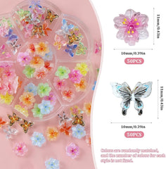 YICH Nail Charms Nägel Charms 50Pcs Fleurs 3D + 50Pcs 3D Schmetterling, Summer Nägel Deko Set Schmetterling/Fleurs Nail Art Nailart