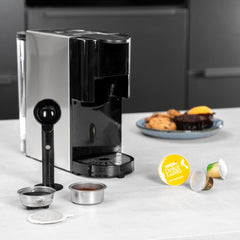 Machine à expresso multicapsules Princess 4 en 1 - 1450 watts, capsules, dosettes, café moulu, sans BPA, 249450, 01.249450.01.001, noir, argent