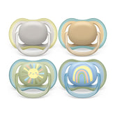 Sucettes Philips AVENT ultra air - pack de 4 sucettes respirantes sans BPA pour bébés de 0 à 6 mois, comprenant étui de transport et stérilisation, couleur soleil/arc-en-ciel (modèle SCF085/65)