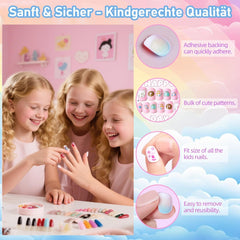 Ensemble de faux ongles – 120 pièces d'ongles autocollants pour enfants avec colle à ongles, ensemble d'ongles artificiels autocollants à couverture complète, faux ongles pour filles avec petites mains (couleur A, 120X)