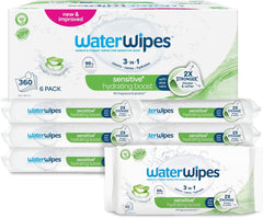 Lingettes humides WaterWipes Sensitive+ Hydrating Boost, lingettes hydratantes, 360 pièces (paquet de 6), nettoyage 3 en 1, soin, hydratation, 99 % d'eau d'aloe vera, lingettes pour bébé non parfumées