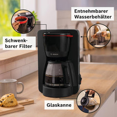Bosch MyMoment TKA2M113 Machine à expresso à filtre, carafe en verre 1,25 L, 10-15 tasses, fonction maintien au chaud 40 minutes, système anti-goutte, porte-filtre rotatif, réservoir d'eau amovible, 1200 W, noir mat