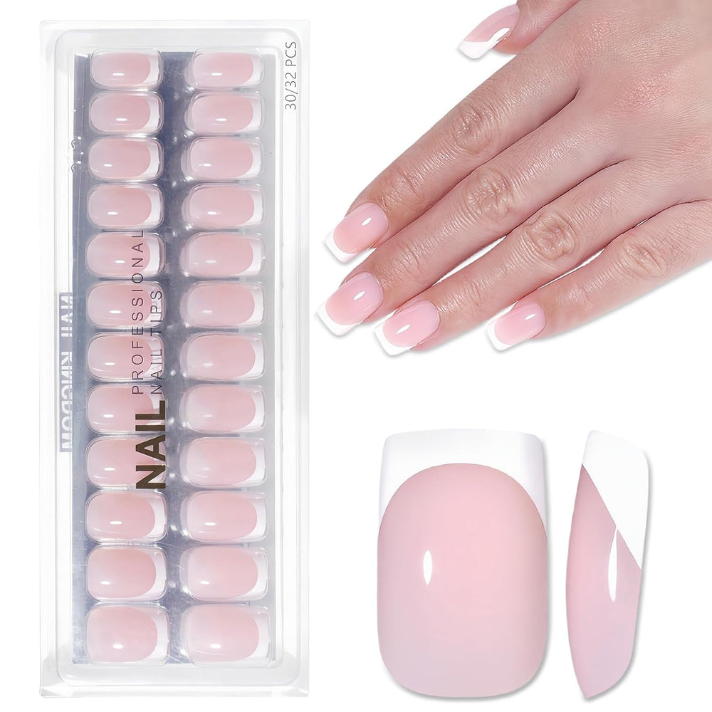 Ongles français autocollants rose clair – 32 pièces à coller sur ongles français – Faux ongles carrés courts – Colle respirante sur ongles artificiels – Faux ongles à couverture complète pour femme (rose clair)
