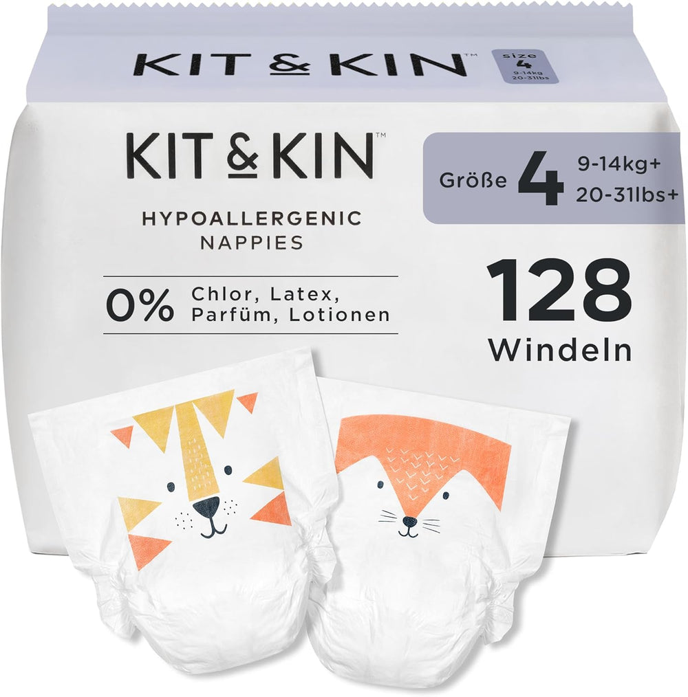 Couches Kit & Kin Premium, taille 4 (9-14 kg), 128 pièces, à base de plantes et hypoallergéniques, protection fiable contre les fuites, végétaliennes et sans cruauté envers les animaux