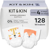 Couches Kit & Kin Premium, taille 4 (9-14 kg), 128 pièces, à base de plantes et hypoallergéniques, protection fiable contre les fuites, végétaliennes et sans cruauté envers les animaux