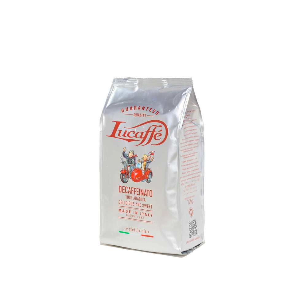 Lucaffè - Entkoffeinierte Kaffeebohnen Decaffeinato, 700 Gr | Kaffeebohnen zum Mahlen für Espresso ohne Koffein | Dunkle Röstung | Süßer und fruchtiger Geschmack, cremig | Intensives Aroma