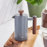 Presă franceză cu pereți dubli din marmură KARACA și mâner din castan – Presă franceză izolată pentru cafea – Aparat de cafea pentru acasă, călătorii și camping – 350 ml – Gri închis