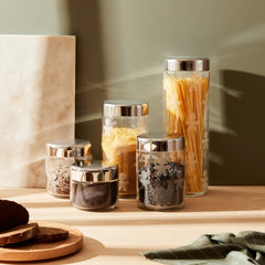 Alessi AKK37 GIROTONDO Pot de cuisine en verre avec impression et couvercle scellé en acier inoxydable, L 21,6 cm, H 10,5 cm Boîtes de conservation alimentaire Naty Shop