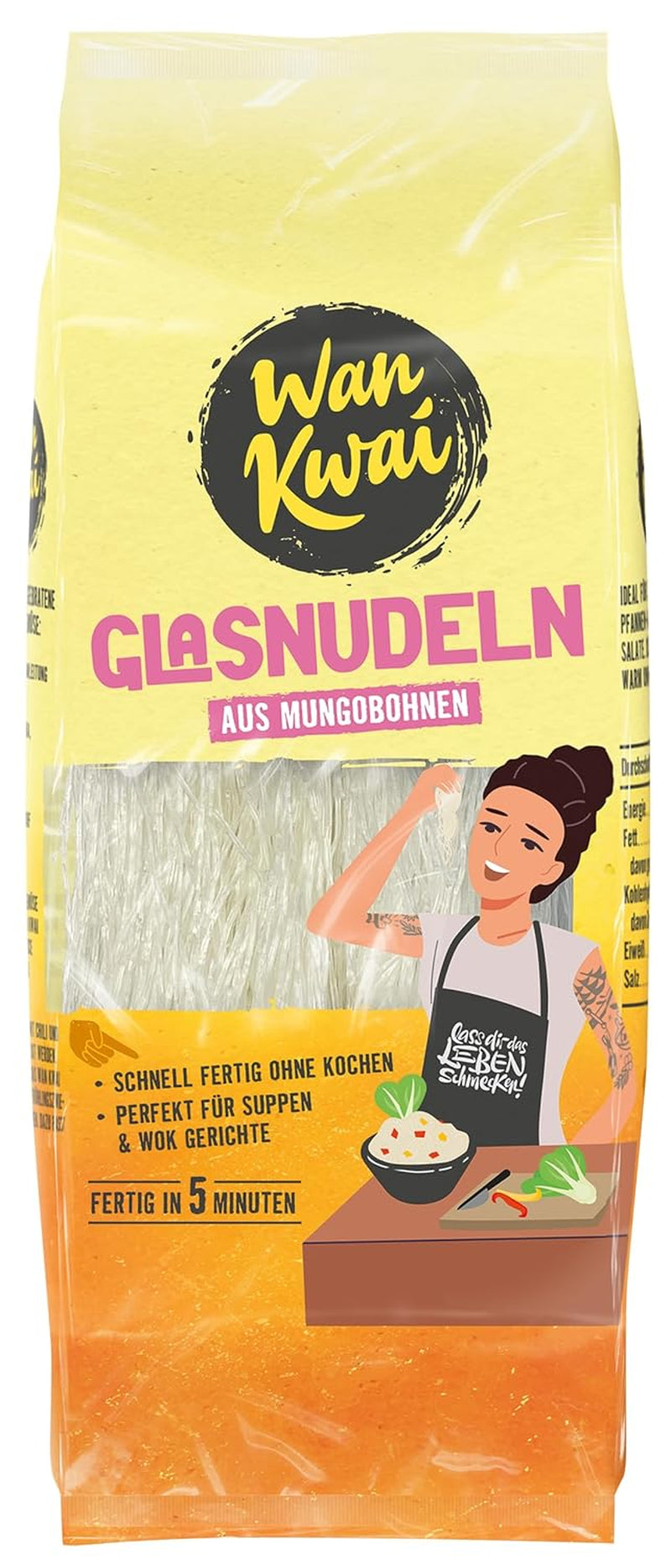 Nouilles en verre Wan Kwai 100g – Variété asiatique gastronomique ! Sans gluten, à base d'amidon de haricot mungo et d'eau. Idéal pour les soupes, les plats au wok et les salades. Texture délicate, prête en 5 minutes.