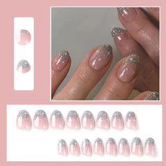 24pcs French Press On Nails Court Brillant Argent Design Ovale Ongles Artificiels Colle Sur Acrylique Brillant Ongles Faux Ongles Pour Femmes Filles