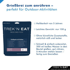 Budincă de griș cu fructe Trek'n Eat – Desert cremos de griș cu fructe pentru activități în aer liber, drumeții și provizii de urgență | Budincă de griș gata preparată cu apă, termen lung de valabilitate, fără aditivi