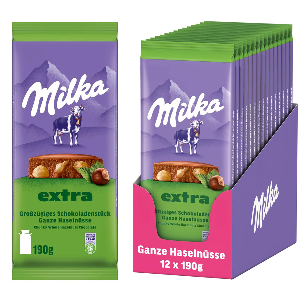 Noisettes entières au chocolat Milka Extra - Chocolat au lait alpin aux noisettes entières croquantes - 12 x 190g