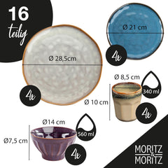 Moritz & Moritz COPA 16-tlg Geschirrset 4 Personen - Elegantes Teller Set aus hohrstandigem Steinzeug - Geschirr Set 4 Personen aus je 4x Dinnerteller, Dessertteller, Müslischale & Kaffeebecher