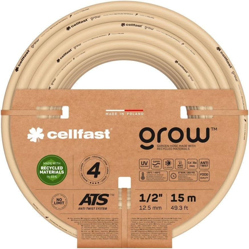 Tuyau d'arrosage Cellfast GROW, durable, flexible, 4 brins, tricot ATS durable, résistant aux UV et aux algues, sans métaux lourds, 27 bar, -20/+60°C, fermeture 1/2", 15m